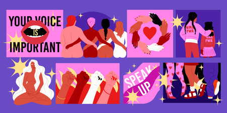 Feminism cards. International march. Female solidarity. Women power flyers design. Girls rights. Empowerment movement. Feminine groups. Multiethnic support community. Vector sisterhood posters setのイラスト素材