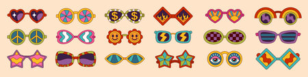 Groovy sunglasses. 1960s glasses. Star or love heart shapes. Disco summer accessories. Geometric eyewear. Retro sun protection. Vintage fashion. Cartoon elements. Vector hipster tidy eyeglasses setのイラスト素材