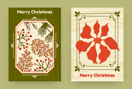 Merry Christmas greeting cards. Winter holiday. Conifer branches. Evergreen plants. Fern leaves. Festive holly. Floral decoration. Mistletoe flower. New Year celebration. Vector Xmas flat posters setのイラスト素材