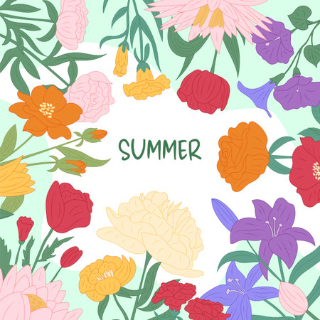 Summer frame. Different meadow flowers. poppy, chamomile and tulip. Minimal garden botanical plants. White chrysanthemum. Post or floral card design. Vector cartoon flat style isolated illustrationのイラスト素材