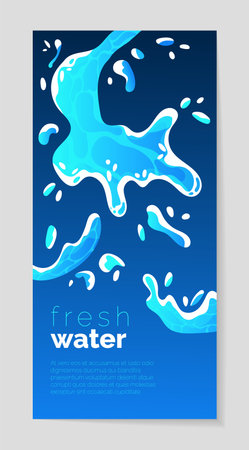 Water background. vertical banner with blue liquid splashes and drops, falling ocean droplets, marine wave. Product packaging design. Pure aqua flyer. Vector cartoon flat style isolated illustrationのイラスト素材