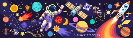 Space astronaut. Galaxy planets, art science technology. Rocket psychedelic background, flying cosmonaut cartoon design. Mans future, earth universe. Horizontal banner. Vector fiction illustrationのイラスト素材