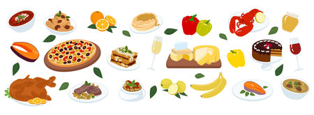 Food delicious. Cooked dinner. Tasty pizza. Champagne wineglass. Lobster and turkey. Breakfast dish. Coffee cup. Thanksgiving holiday table. Cheese snack. Meal restaurant feast. Vector meal plates setのイラスト素材