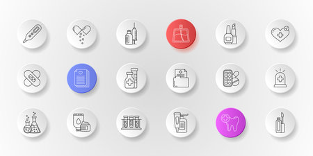 Medical tips icon. Business button. Hospital circle sign. Heart treatment. Science lab. Health care idea. Beauty cosmetics. Dental clinic. Insurance patient. Vector garish line medicine symbols setのイラスト素材
