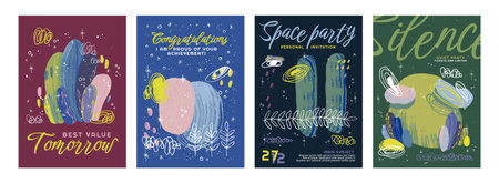 Abstract modern poster. Space party invitation. Texture design background. Art pattern. Flower element. Floral brushstroke shape. Paint Memphis graphic. Doodle drawing. Vector banner templates setのイラスト素材