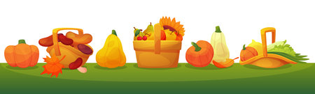 Cartoon autumn icon. Yellow leaf, pumpkin and mushroom. Sticker Thanksgiving, farm agriculture plant. Healthy fall. Holiday food wicker basket vegetables and fruits. Vector isolated illustration setのイラスト素材