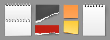 Notebook papers. Different memo pages. Empty notepad sheets, yellow reminders with sticky corner, isolated realistic stationery. Colorful notepaper torn edge message list. Vector isolated illustrationのイラスト素材