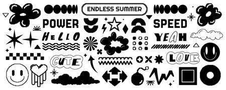 Pixel Y2K sticker. Doodle retro elements. Simple shapes. Abstract flower. Playful balloon art. Tattoo typography. Trendy flat cloud. Bubble emoji smile. Black silhouette. Vector garish 8bit icons setのイラスト素材