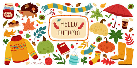 Autumn pattern. Hello fall season. Halloween decoration. Warm clothing. Rain umbrella. Autumnal flower. Orange leaf. Gourd harvest. Cute thanksgiving background. Doodle art icon. Vector elements setのイラスト素材