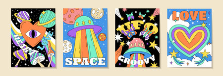 Space retro groovy card. Psychedelic poster. Crazy UFO. Acid rainbow. Love heart eye. Y2K abstract landscape. Daisy flower. Hallucinogen mushroom. Vintage 70s background. Vector garish banners setのイラスト素材