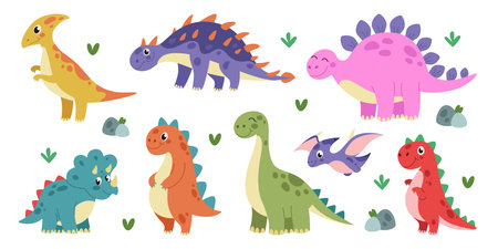 Dinosaur. Kids cartoon dino. Little monster cute character. Baby animal graphic, prehistoric Tyrannosaurus, Triceratops and Pterodactyl. Childish decorative stickers. Vector tidy isolated illustrationのイラスト素材