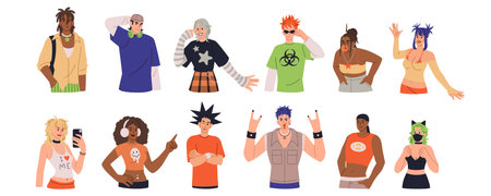 Trendy character. Alternative fashion. Modern style clothing. Punk hairstyle. Rocker makeup. Young people cool gen Z. Stylish teen diversity. Sassy men and women. Vector youth subculture persons setのイラスト素材