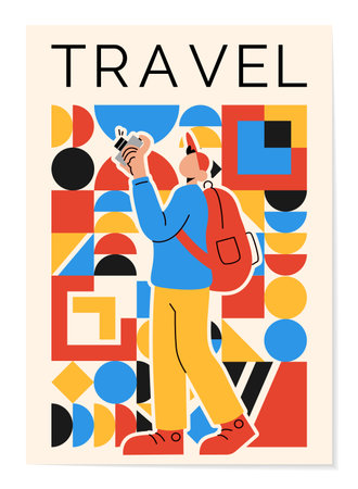 Travel persons. Man making photo. Travelers flat poster. Photography camera. Geometric Bauhaus simple shapes. Hiking vacation with backpack. Sightseeing journey. Vector tourism banner abstract designのイラスト素材