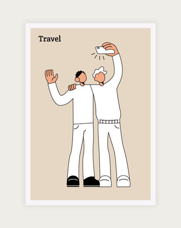 Travel persons. Happy men making selfie. Phone camera. Friends hugs. Casual guys vacation. Trendy characters posing for photography. Tourists adventure. Travelers trip. Vector tourism banner designのイラスト素材