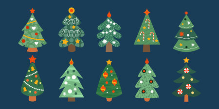 Merry Christmas. Doodle spruce, winter decorative elements, New years gift, star and ribbon. Happy holiday decor on green pine. Posters and postcard design. Vector doodle style tidy minimal designのイラスト素材