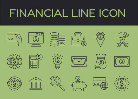 Icon money. Business UI, finance line, success investment insurance, modern bank, piggy bank, profit deposit, digital wallet and moneybox. Vector linear tidy design isolated payment elements setのイラスト素材