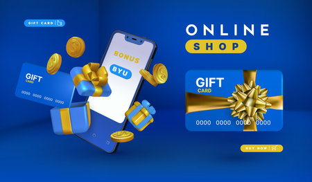 3D phone online shop. Sale of smartphone. Credit card Voucher business design. Bonus gift. Mobile store promotion. Render present box. Money coins. Ecommerce banner template. Vector exact backgroundのイラスト素材