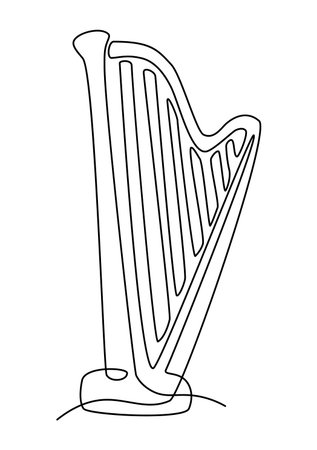 Musical instrument. Continuous line harp. String orchestra. Classic acoustic music. Ancient culture performance. Concert sounds. Play antique melody. Lyre tunes. Harpist art. Vector outline sketchのイラスト素材