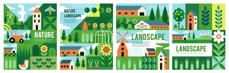 Agriculture geometric. Tree, forest, pattern abstract farm. Background village, green field. Geometry Bauhaus style. Flower, town, house and different plant. Vector poster cartoon flat illustrationのイラスト素材