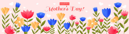 Happy Mothers Day. Geometric blossom bunch, floral card, romantic flower decoration, feminine design. Decorative horizontal banner. Simple minimalistic plant. Vector paper garish modern backgroundのイラスト素材