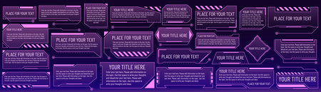 Callout tech frame. HUD box. Futuristic technology. Text border shape. Infographic label. Graphic UI menu element. Title digital message. Template presentation. Vector dashboard hologram banners setのイラスト素材