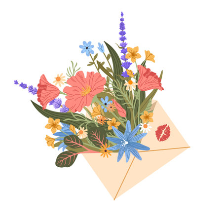 Love letter. Envelope with flowers. Couple romantic mailing. Lips kisses. Wildflowers and leaves. Paper postal message. Valentine gift. Spring plants. Natural blossoms. Vector floral correspondenceのイラスト素材