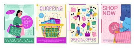 Fashion shop poster. Sale leaflet. Store coupon. Abstract pattern. Woman buying in supermarket. Mall label. Shopping bag. Package in modern magazine. Special offer. Vector garish promotion banners setのイラスト素材