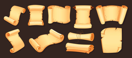 Parchment cartoon. Papyrus paper, scroll, ancient treasure roll. Game icon, manuscript map, old medieval blank torn Torah. Antique document pages. Vector card made of aged tidy wood isolated setのイラスト素材