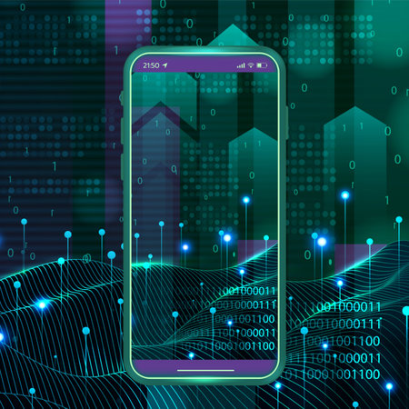 Mobile GPS. Navigation technology for smartphone. Wireframe surface with sparkles. Binary code. Phone screen. Network data. Cyber positioning. Cellphone interface. Digital navigator. Vector backgroundのイラスト素材