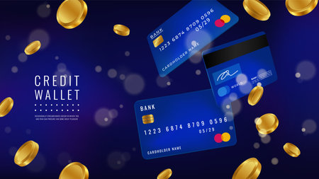 Card bank. Credit wallet 3D. Banner design. Cash bonus golden coin flying. Back money to buy. Electronic reward at shopping, transfer guarantee, transaction app. Realistic finance vector backgroundのイラスト素材