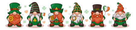 Leprechaun, Ireland clover. Irish holiday cartoon with shamrock. Cute funny character in hat having fun. Mascot happy, green leaf, gold coin, beer in glass vector design tidy isolated illustration setのイラスト素材