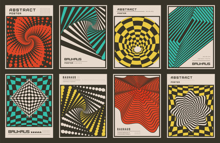 Optical illusion poster. Grid pattern. Geometric card. Graphic abstract with wavy background. Texture design vintage. Retro brochure. Striped spiral. Bauhaus figures. Line wave. Vector art banners setのイラスト素材