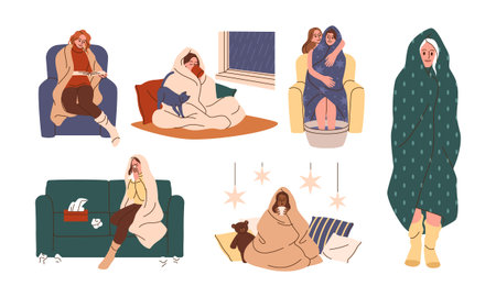 Cold winter. People in warm blanket. Home heat. Characters health. Sick shivering. Couple sits by heater. House room frost. Fireplace and sofa. Cozy relax. Hot drink and foot bath. Vector concepts setのイラスト素材