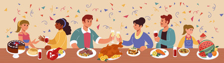 Family dinner at table. Meal with meat vegetables and fruit, celebration food. People at Thanksgiving festive gathering. Cartoon character of joy and love. Vector friends on holiday at home or in cafeのイラスト素材