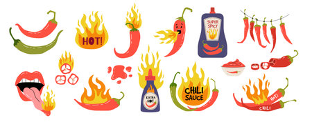 Hot sauce, chilly pepper. Lips and tongue with fire, Spicy food Mexican. Cooking chili seasoning. Fresh ingredient, tasty burn. Red vegetable flame, green bottles. Vector doodle isolated labels setのイラスト素材