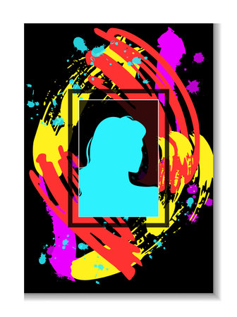 Women s history month. Abstract girl portrait. Color silhouette young female profile. Bright paintbrush spots. Creative brushstroke splatters and smears. Square frame. Flat shapes. Vector picture cardのイラスト素材