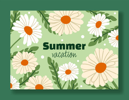 Summer background. Chamomile flowers. Spring banner sale design. Floral decorative daisy elements. Childish decor. Wildflower bouquet. Vector cartoon flat style isolated marguerite simple illustrationのイラスト素材