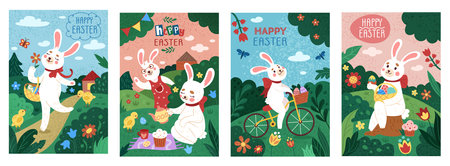 Easter day. Rabbit on picnic with egg. Spring party bunny. Poster design happy animal. Children template with flower. Cute graphic holiday. Vector tidy fairytale. Cartoon flat isolated illustrationのイラスト素材