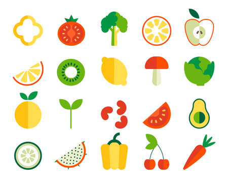 Fruits and vegetables. Simple geometric icons. Whole and half fresh apple, tomato and carrot. Agricultural harvest. Cooking ingredients. Broccoli, cherry berry and leaves. Vector flat illustrationのイラスト素材