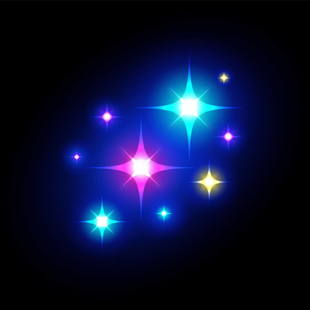 Speed effect. Light flash. Space stars. Galaxy glitter. Laser lighting. Shiny glare. Futuristic sparkle burst. Glowing rays. Starburst beams in dark. Sparkling flare. Vector illuminated elements groupのイラスト素材