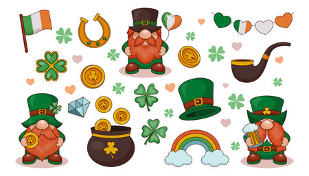Saint Patrick day. Leprechaun in hat green. Ireland clover, Irish celebration shamrock. Cartoon illustration with beer, gold coins and rainbow. Mascot design. Isolated elements. Vector tidy holidayのイラスト素材