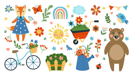 Cute animals. Spring plant flowers. Happy bird. Summer sun. Fox and bear. Butterflies in garden. Springtime sun. Sprouting branch with bloom. Cartoon nature. Vector decorative flat tidy elements setのイラスト素材