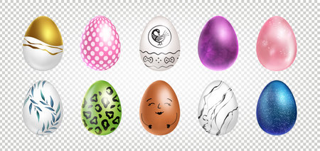 Easter egg 3D. Colorful spring holiday element. Realistic decorative pattern. Gold metal, yellow, orange symbol. Luxury metallic premium isolated elements. Pattern decor on celebration. Vector eggsのイラスト素材