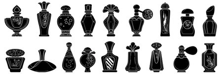 Icon bottle fragrance. Perfume cologne black silhouette. Scent smell. Vintage cosmetic aromatherapy. Luxury product, glass container. Emblems or label set. Vector perfumery sign, isolated illustrationのイラスト素材