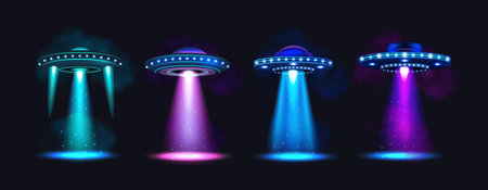 UFO abduction. Green blue alien spaceship with bright cosmic light beam. 3D fantasy saucer, science fiction object in glowing galaxy background. Rocket, sci-fi technology. Vector spaces isolated setのイラスト素材