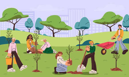 People planting trees in garden. City park. Conservation environment. Green growth in landscape gardening. Volunteers eco community. Men and women with saplings. Teamwork in skyline. Vector cityscapeのイラスト素材