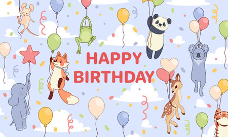 Cute animals on baby birthday party. Cartoon elephant and fox flying on air balloons. Happy friends. Little farm mammals. Birds in sky. Zoo characters. Holiday celebration. Vector kids design cardのイラスト素材