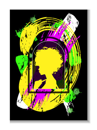 Women s history month. Abstract girl portrait. Color silhouette young female profile. Bright paintbrush spots. Creative brushstroke splatters and smears. Square frame. Flat shapes. Vector picture cardのイラスト素材