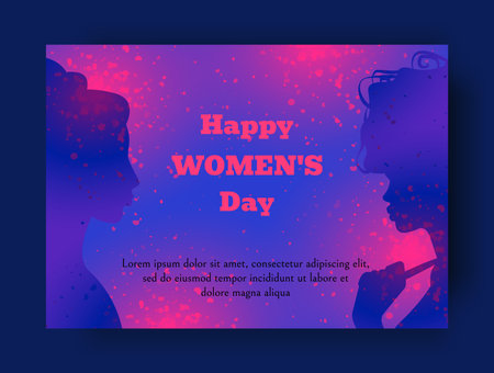 International women day. Happy young girls. Greeting card. Female figure silhouettes. Holiday banner. Attractive faces. Abstract gradient color burst. Festive firework explosion. Vector backgroundのイラスト素材