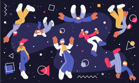 VR reality. Augmented virtual glasses people. Immersion to digital future world technology. Human computer data connected tech. Space imagination. Cartoon flat style isolated illustration. Vector artのイラスト素材